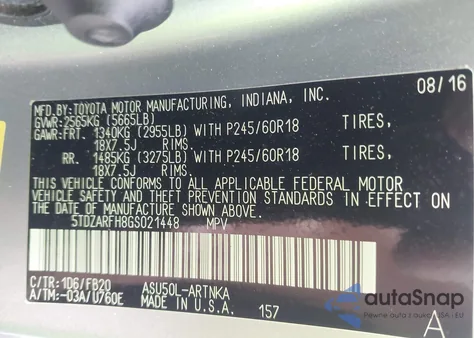 2016 Toyota Highlander Le z USA, uszkodzony, nr VIN 5TDZARFH8GS021448